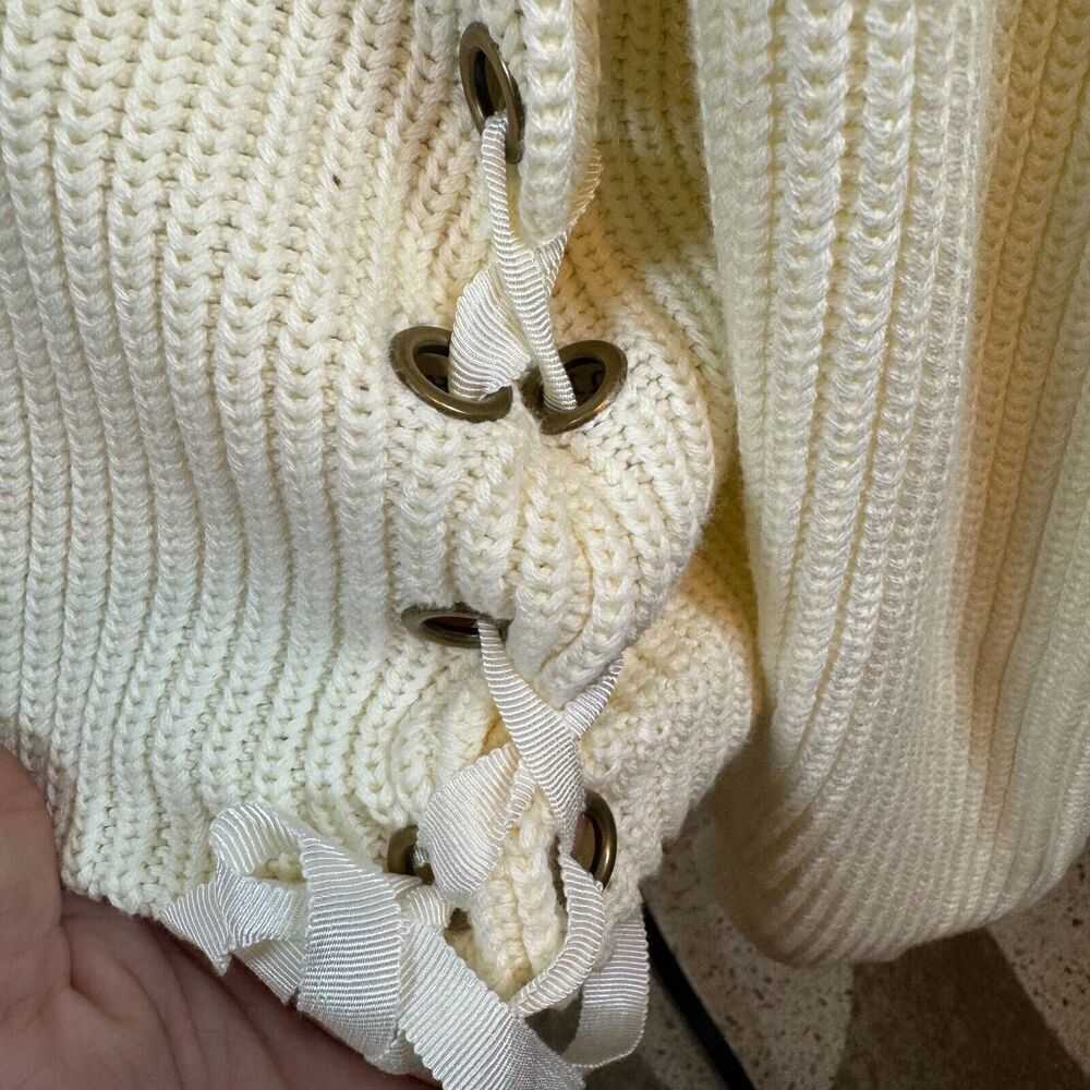 Sundance White Cable Knit Cotton Side Lace Detail Crew Neck Sweater Size Large - Picture 5 of 8